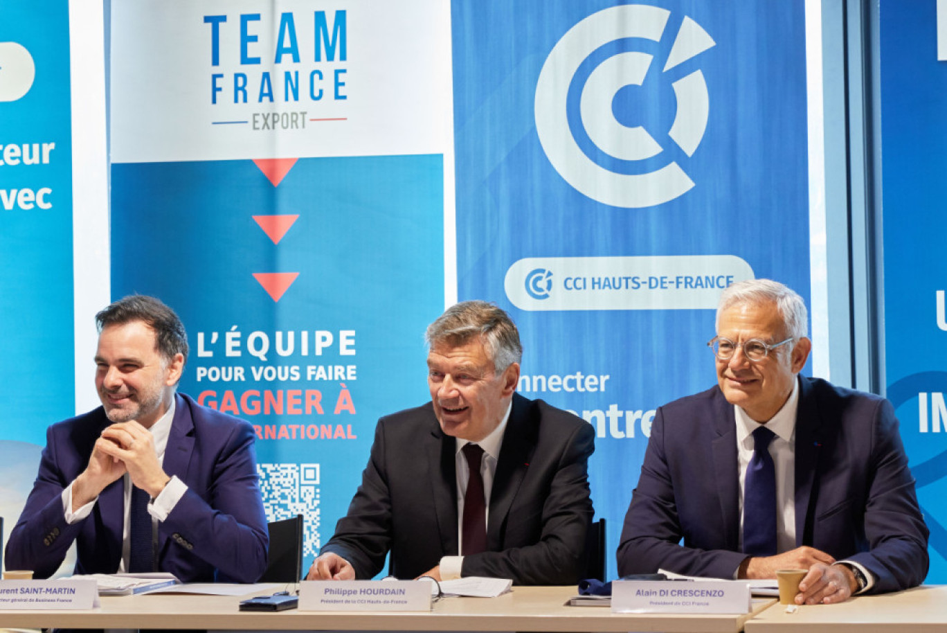 Laurent Saint-Martin, directeur général de Business France, Philippe Hourdain, président de la CCI Hauts-de-France et Alain Di Crescenzo, président de CCI France. @Lena Heleta